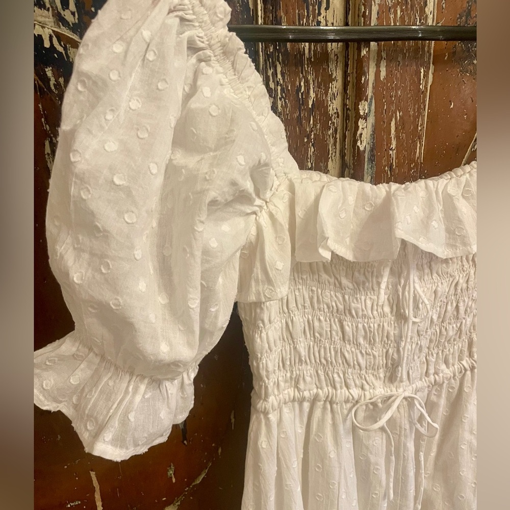 White Off-Shoulder Puff-Sleeve Midi Dress - Swiss Dots, Smocked Bodice women’s M - Picture 3 of 5